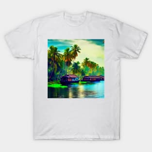 Elegant Kerala natural landscape of coconut trees sunset sky river and houseboat T-Shirt